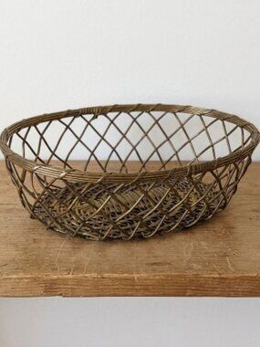 Vintage Brass Woven Basket 9.5" Oval Lattice Wire Bowl Made in India 1970s MCM